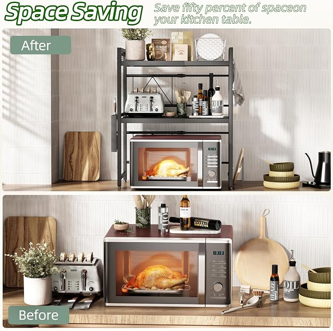 3 Tier Expandable Microwave Stand countertop,Microwave Oven Rack | microwave shelf with Cutting Board Holder and Knife Holder, storage shelf for pans &appliances,55 Lbs load Per Tier,Black - Image 5