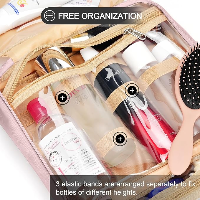 Travel Hanging Toiletry Bag for Women and Men, with 8 Leak Proofing Silicone Bottle Covers, Waterproof Makeup Accessories, Cosmetic Essentials, Cruise Ship Toiletries Bag with Jewelry Organizer, Pink - Image 4