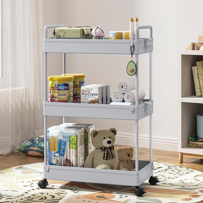 Ronlap 3 Tier Slim Rolling Storage Cart with Wheels Utility Organizer, Grey | For bathroom, laundry, kitchen, bedside & dorm. Fits art, craft, snack, makeup, nail, diaper & postpartum baby supplies - Image 5