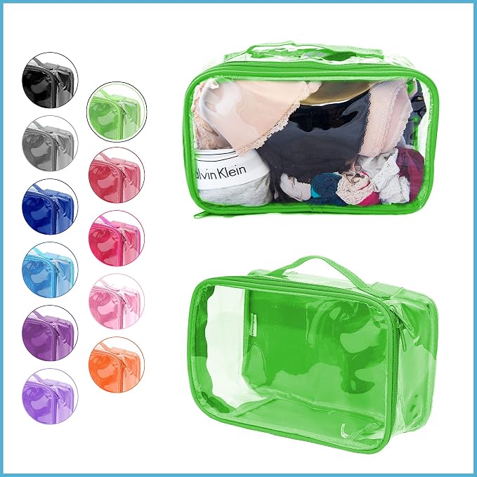 Small Clear Travel Packing Cube/See Through PVC Plastic Pouch for Carry On Suitcase, Backpack or Diaper Bag/Transparent Multipurpose Accessories, Makeup & Underwear Organizer w/Handle (Green) - Image 2