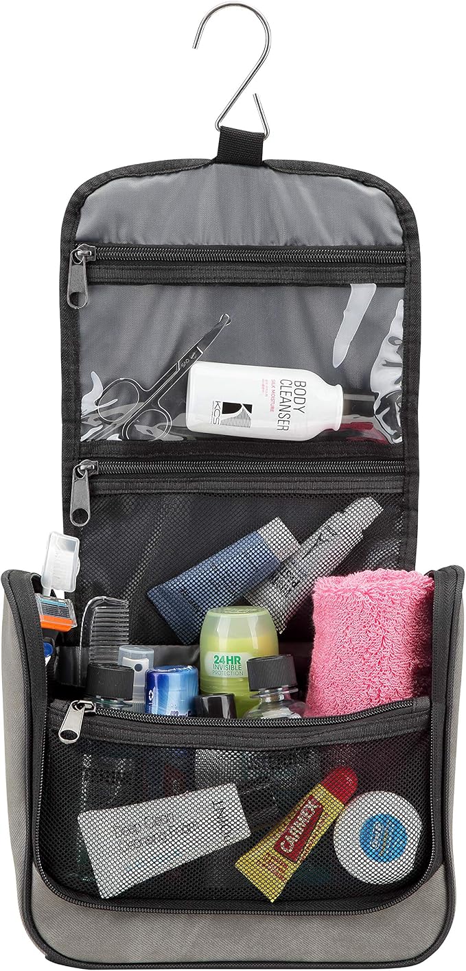 Lewis N. Clark Brushed Twill Hanging Toiletry Kit Bag for Travel Accessories, Shampoo, Cosmetics + Personal Items, Gray - Image 6