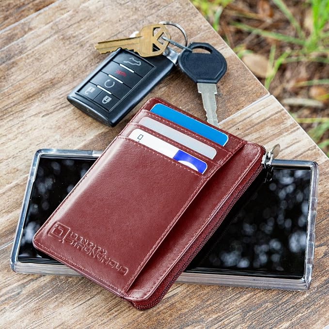 ID STRONGHOLD RFID Front Pocket Wallet Mini Minimalist Wallet Slim Wallet Genuine Leather with Zipper , Red , Small - Image 4