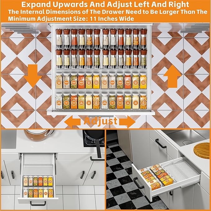 4 Pack Adjustable In Drawer Spice Organizer - Expandable From 11'' to 22'' - Acrylic Drawer Seasoning Organizer,Clear Spice Organization Tray for Cabinet Drawers Condiment,Nail Polish and Jar - Image 2