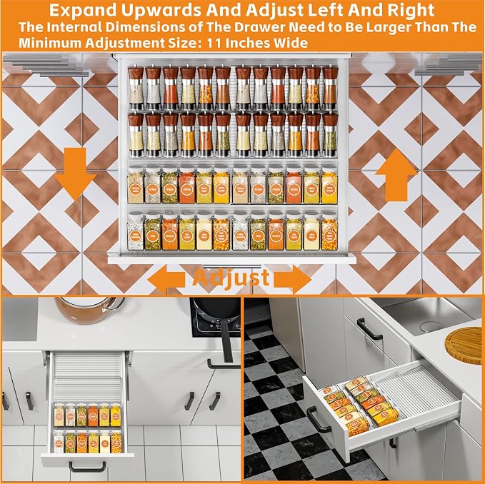 8 Pack Adjustable In Drawer Spice Organizer - Expandable From 11'' to 22'' - Acrylic Drawer Seasoning Organizer,Clear Spice Organization Tray for Cabinet Drawers Condiment,Nail Polish and Jar - Image 2