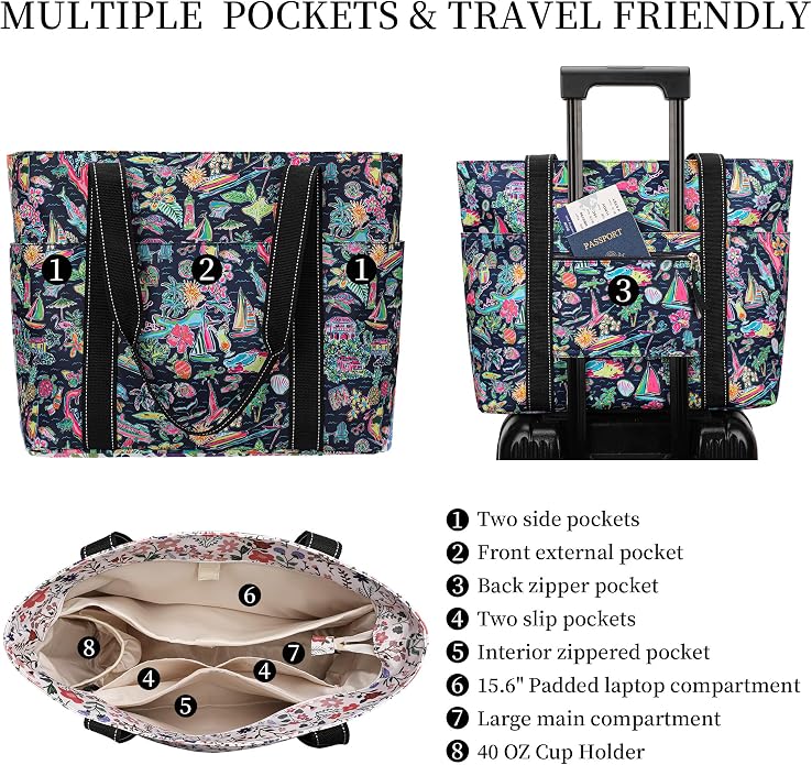 Tote Bag for Women with Laptop Compartment & Cup Holder,Nylon Bag for Work,Travel,Gym,Beach,Teacher,Nurse,School,Mom - Image 4