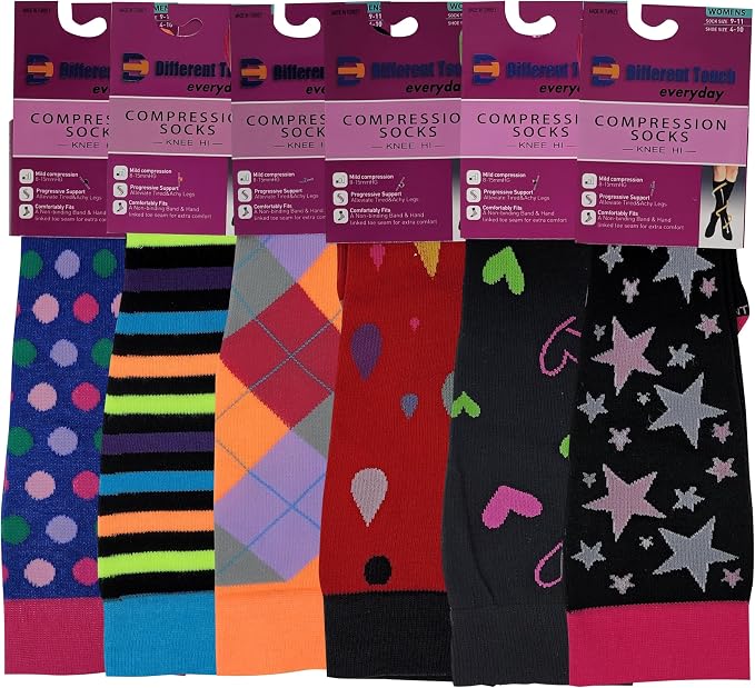 Different Touch 6 Pairs Pack Women Travelers, Anti-Fatigue, Graduated Compression Knee High Socks 9-11 - Image 5
