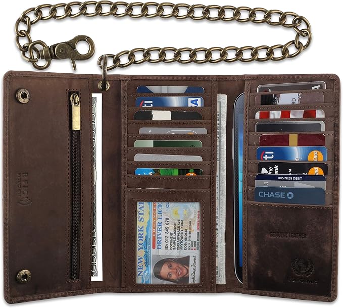 F&L CLASSIC RFID Blocking Mens Tri-fold Long Style Cowhide Leather Steel Chain Wallet,Antique dark brown - Image 6