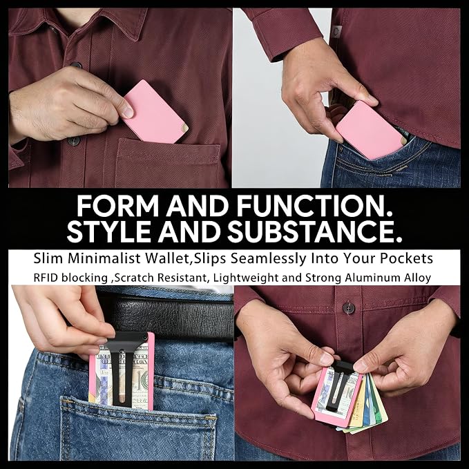 Minimalist Wallet for Men, Slim Metal RFID Blocking Wallet Credit Card Holder Money Clip & Cash Strap, Scratch-Resistant Holds 15 Cards,Ideal Gift for Men | Matte Pink - Image 6