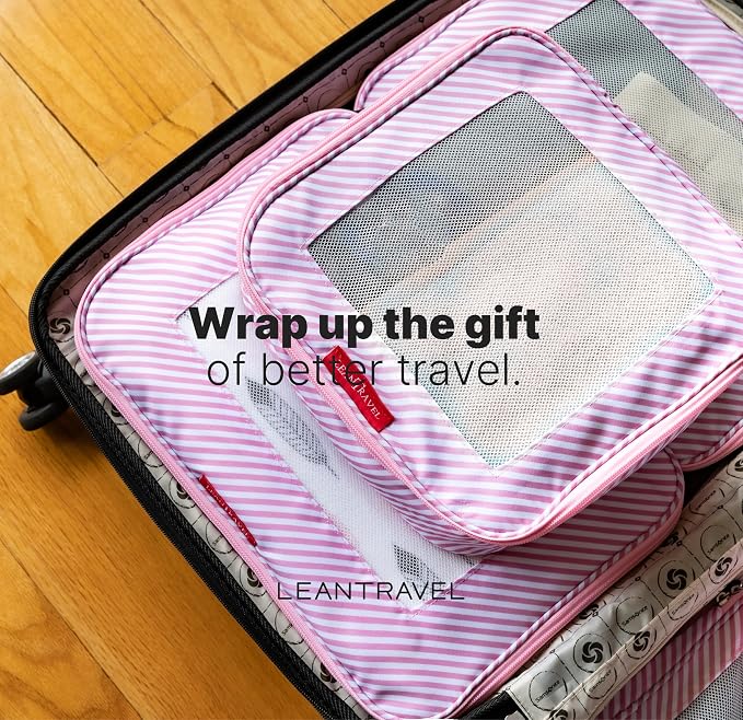 LeanTravel Premium Compression Packing Cubes for Travel - Suitcase Organizer Bags with Double Zipper & Breathable Mesh Panel - Space Saving Carry On Luggage Essentials (6-Pack, Pink Stripes) - Image 9