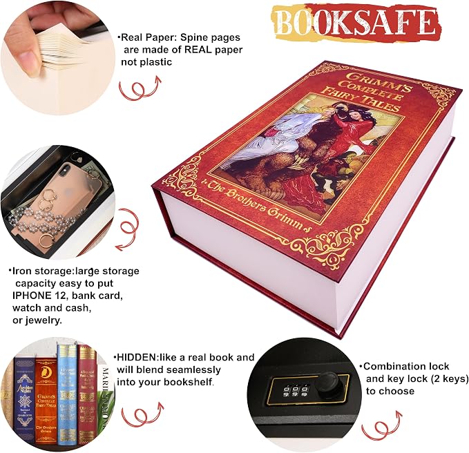 Deversion Book Safe Storage Box with Real Pages Combination Lock and Key Lock Box Money Safe Book Storage Lock Boxes for Personal Items 9.3''x6.0''x2.3'' (Grimm's Fairy Tales-Combo) - Image 4