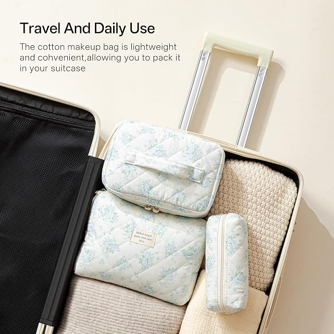 HBselect Quilted Makeup Bag, 3Pcs Cotton Large Travel Makeup Bags Organizer | Cute Floral Make up Bag Cosmetic Bag Toiletry Bag for Women Girls, Makeup Pouch for Skincare, Brushes & Travel Essentials - Image 4