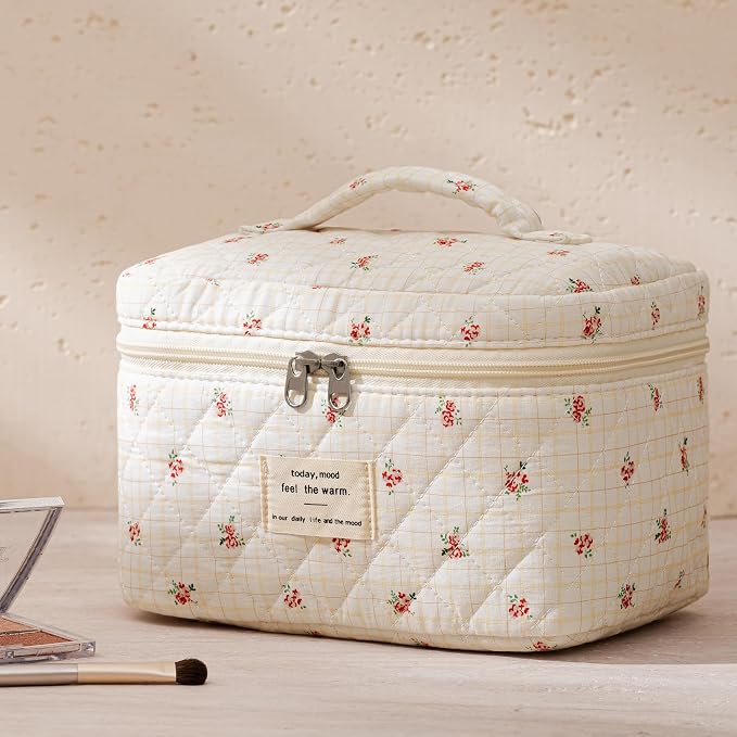 HBselect Quilted Makeup Bag, 3Pcs Cotton Large Travel Makeup Bags Organizer | Cute Floral Make up Bag Cosmetic Bag Toiletry Bag for Women Girls, Makeup Pouch for Skincare, Brushes & Travel Essentials - Image 6