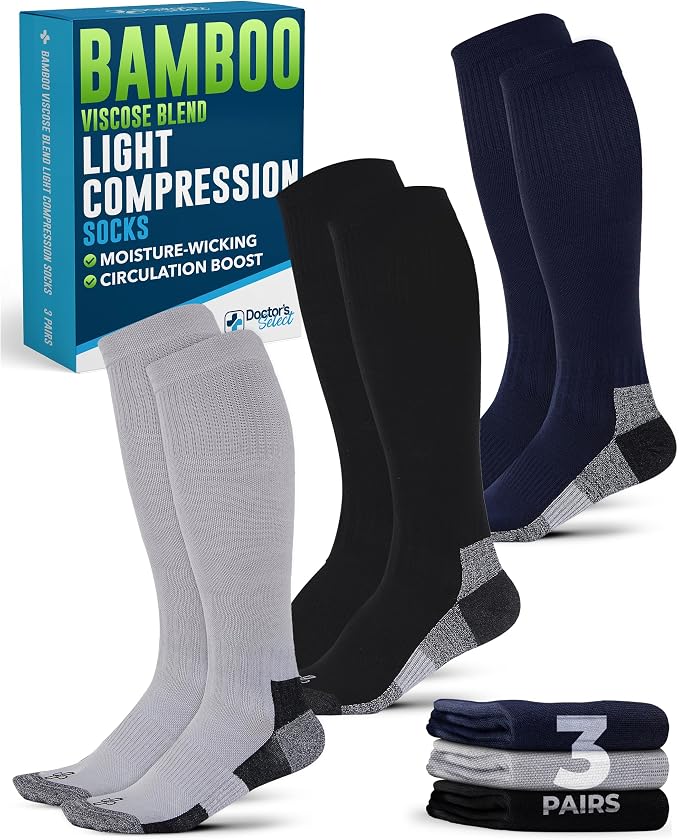Doctor's Select® Bamboo Viscose Light Compression Socks for Women & Men - 3 Pairs, 8-15 mmHg Compression Socks, Knee High by DoctorsSelect