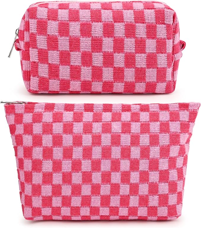 SOIDRAM 2 Pieces Makeup Bag Large Checkered Cosmetic Bag Capacity Canvas Mix Travel Toiletry Bag Organizer Cute Makeup Brushes Aesthetic Accessories Storage Bag for Women, Checkered Mix Rose Red by SOIDRAM