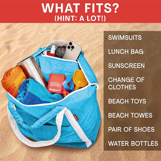 Bodysurf Beach Bag Waterproof Sandproof, Foldable Packable Travel Zip Tote | Pool, boat and swim bag for men and women, XL and medium, 6 colors, zip-top, front pocket, inner wet pouch, recycled nylon - Image 5
