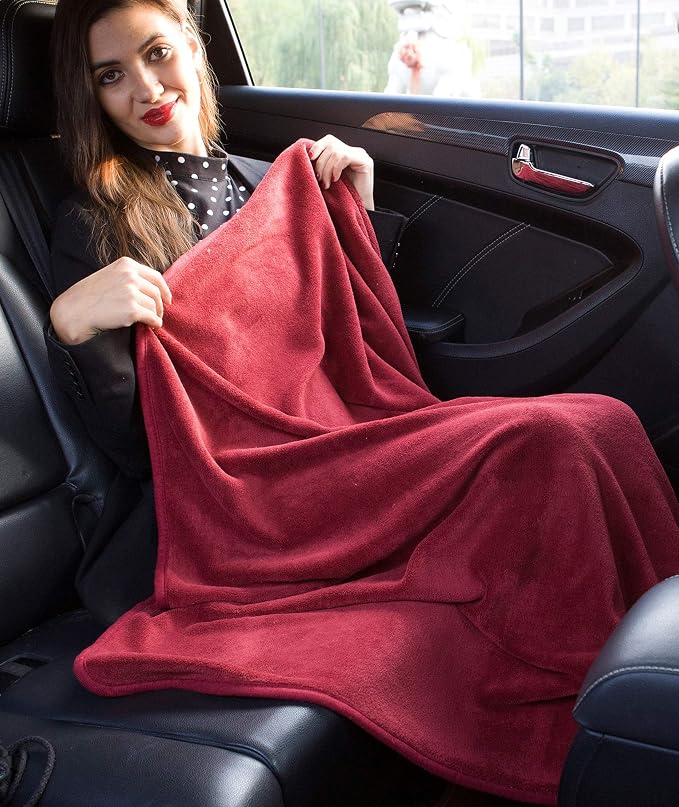 BlueHills Premium Soft Travel Blanket Pillow Airplane 2 in 1 Combo Warm Red | Long Flights, Packed in Soft Bag/Pillowcase, Luggage Belt and Backpack Clip, Compact Traveler Essentials Lightweight Red T001 - Image 4