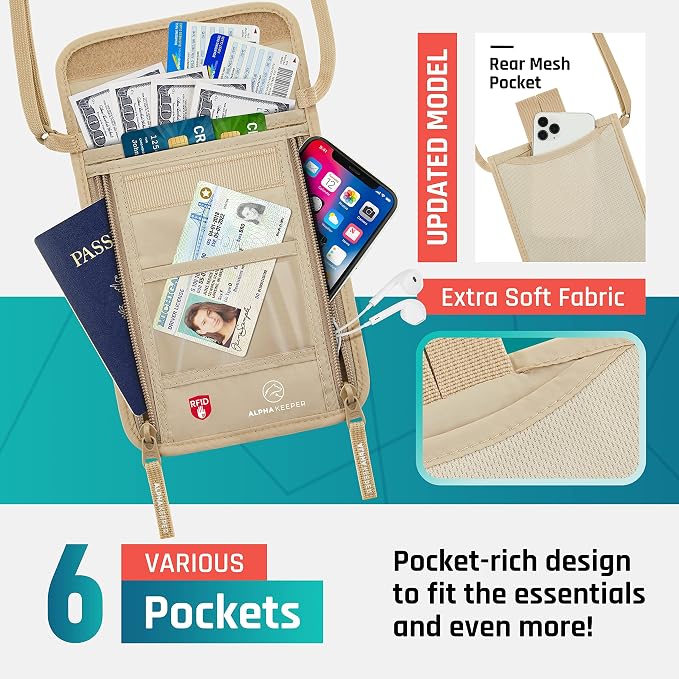 Alpha Keeper Neck Wallet, Travel Pouch For Passport Holder And Documents, RFID Blocking, Beige, Unisex Adult, Travelers, Adults - Image 4