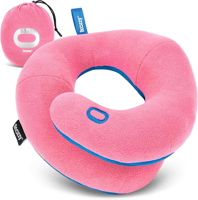 BCOZZY Kids Travel Neck Pillow (8-12 Y/O) – Patented Soft Child Pillow for Head & Chin Support in Car, Airplane, and Road Trip Sleeping. Adjustable Size. Carry Bag. Fully Washable. Medium, Pink by BCOZZY