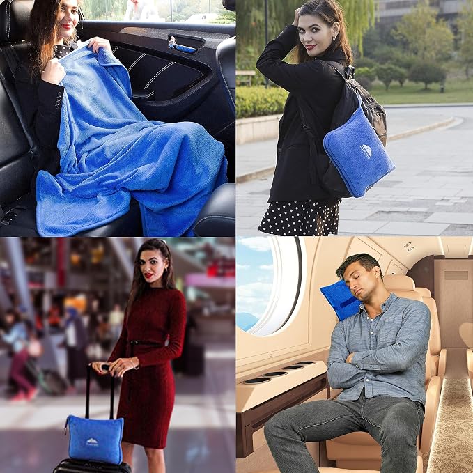 BlueHills Premium Soft Travel Blanket Pillow Plush Airplane, Car Royal Blue | Must Have Airplane Essentials, Luggage Belt & Carabiner, Matching Soft Case, 2 in 1 Travel Blanket Pillow Combo, Travel Gift - Image 3