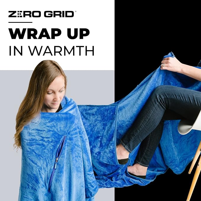 Zero Grid Lightweight Airplane & Travel Blanket with Foot Pockets, Blue | Compact Wearable Blanket with Neck Snaps, Zips & Converts to Soft Pillow for Ultimate Comfort - Image 4