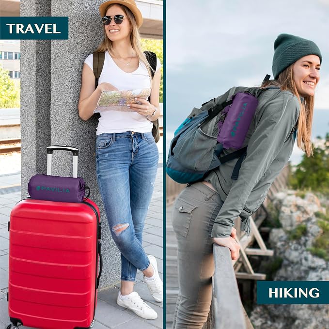 PAVILIA Travel Blanket Airplane Compact with Bag Lightweight, Purple | Soft Fleece Plane Long Flights, Camping Road Trips, Packable Traveler Gift Essentials with Luggage Backpack Strap, 65x40 - Image 5