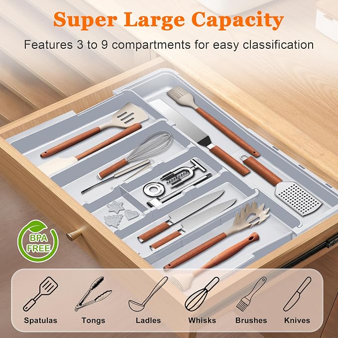 Large Utensil Drawer Organizer Expandable Silverware Organizer for Kitchen Drawer Adjustable Cooking Utensil Holder Cutlery Flatware Tray Spatula Tools Gadgets Storage Dividers Plastic Grey - Image 2