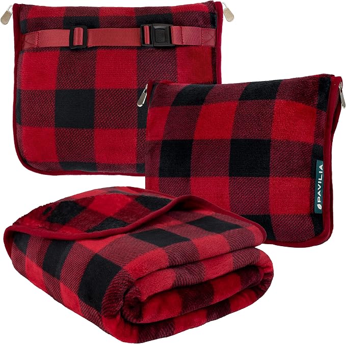 PAVILIA Travel Blanket Pillow, Soft Airplane Blanket 2-IN-1 Combo Set, Plane Blanket Compact Packable, Flight Essential Car Pillow, Travelers Gift Accessories Luggage Backpack Strap, 60x43 Checker Red by PAVILIA