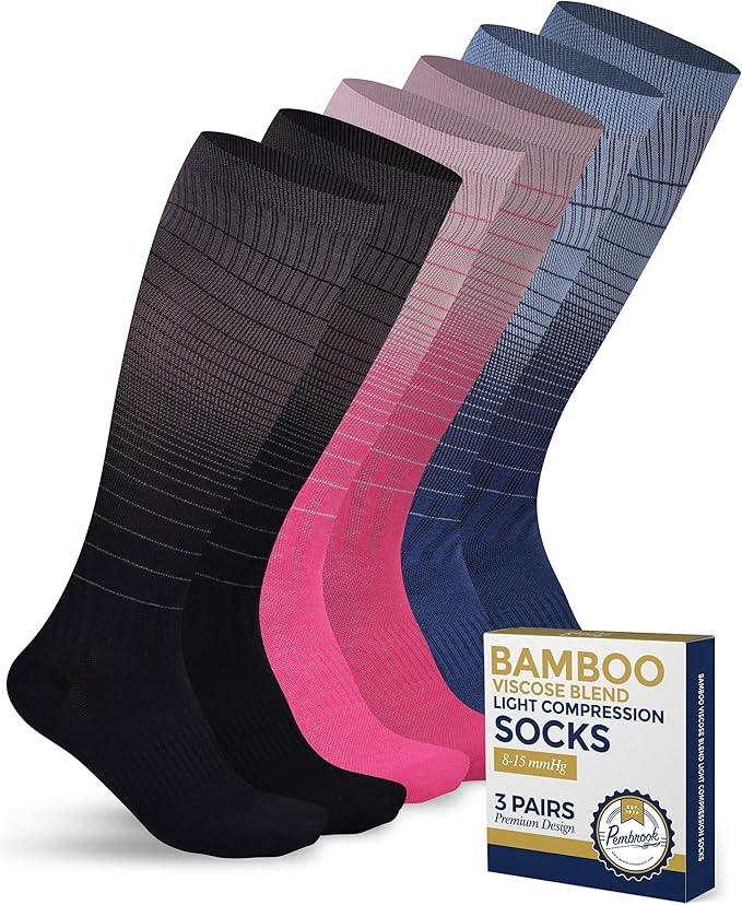 Pembrook® Bamboo Viscose Light Compression Socks - 3 Pairs | 8-15 mmhg Compression Socks | Knee High Comfort Support Socks by Pembrook