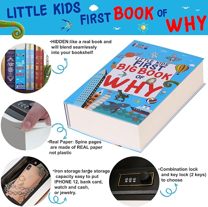 Book of Why Book Safe with Real Pages, Student Secret Compartment Items Storage Box with 3-Digit Combination Lock, Decorative Hidden Stash Box, Family Allowance Coin Bank, 9.3"x6.0"x2.3" - Image 4