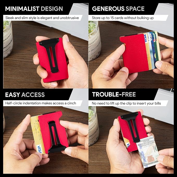 Minimalist Wallet for Men, Slim Metal RFID Blocking Wallet Credit Card Holder Money Clip & Cash Strap, Scratch-Resistant Holds 15 Cards,Ideal Gift for Men | Matte Red - Image 6