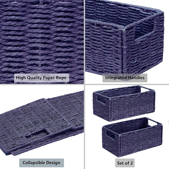 Wicker Storage Basket, Set of 2 Hand-Woven Paper Rope Wicker Basket, Small Storage Baskets for Organizing Toilet Paper, Foldable Small Cube Organizer Bins for Shelves (Purple) - Image 2