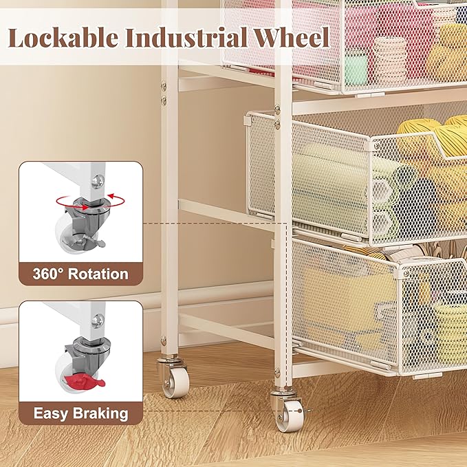 4-Drawer Rolling Storage Cart, Utility Cart with Drawers, White Metal Craft Cart Organizer with Wheels & Wooden Top, Art Supply Storage Organizer for Classroom, Office, Kitchen,Patent Pending - Image 4