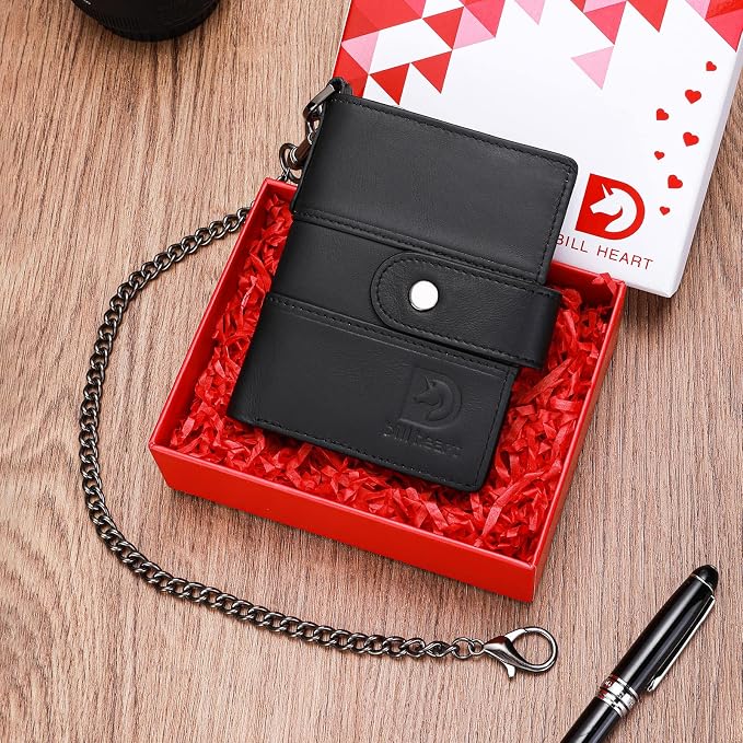 bill heart Chain Wallets for Men, RFID Blocking Genuine Leather Wallets with Anti-Theft Chain - Image 7