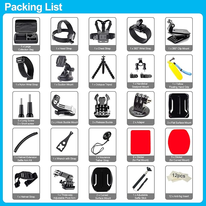 61 in 1 Action Camera Accessories Kit for GoPro Hero 13 12 11 10 9 8 7 6, Gopro Max, GoPro Fusion, Xiaomi, Insta360, DJI Osmo Action, AKASO APEMAN, Campark, SJCAM - Image 2