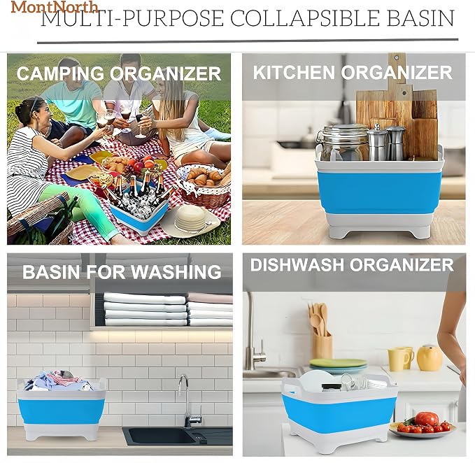 Collapsible Wash Basin 9L, Foldable Dish Tub with Drain Plug, Portable Collapsible Dish Basin, Camping Sink for Washing Dishes, Laundry & Kitchen Use (Blue) - Image 8