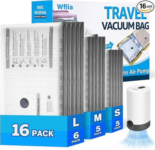 15+1 Packs Vacuum Bags for Travel with Rechargeable Pump, 3 Sizes Vacuum Seal Bags for Clothing, Compression Vacuum Travel Bags for Luggage, Vacuum Packing Bags for Closet Organization by Wfiia