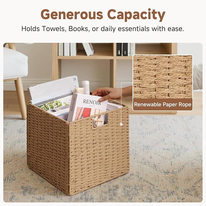 StorageWorks 13 inch Wicker Storage Baskets,Foldable Wicker Baskets,Natural | 2-Pack,Handwoven Organizer Baskets, Wicker Baskets for Organizing,Paper Rope Square Storage Cubes,Square Baskets,Woven Basket - Image 4