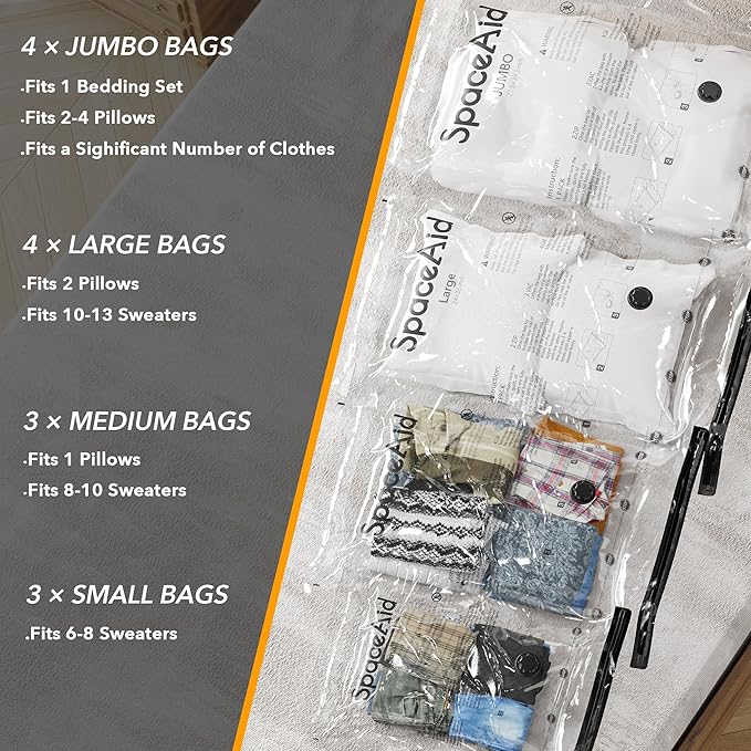 SpaceAid 14 Pack Vacuum Storage Bags with Electric Air Pump, Space Saver Sealer Compression Bags for Comforters, Blankets, Pillows, Bedding, Clothes (4 Jumbo/4 Large/3 Medium/3 Small) - Image 3