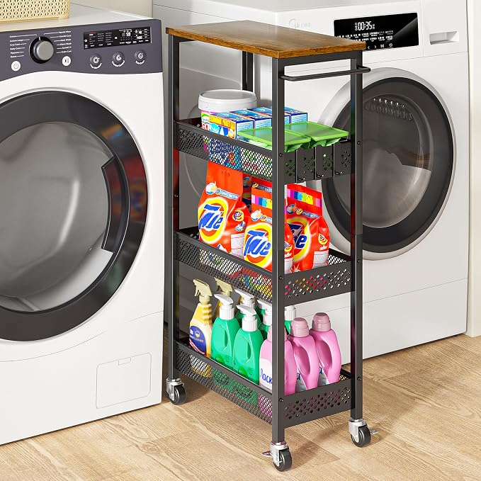 XYZLVSI Slim Rolling Storage Cart, 4 Tier Small Bathroom Cart Organizer | 9.1" W narrow storage cabinet with wooden top and metal handle, ideal for kitchen/dorm, between washer and dryer storage - Image 7