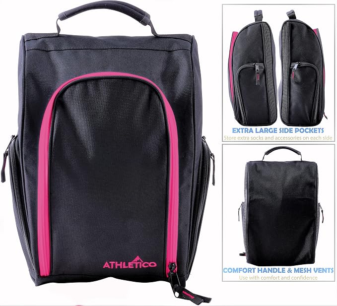 Athletico Golf Shoe Bag - Zippered Shoe Carrier Bags With Ventilation & Outside Pocket for Socks, Tees, etc. (Black/Pink) - Image 2