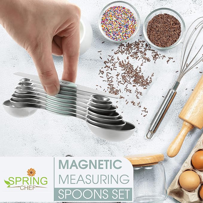 Spring Chef Stainless Steel 8 Magnetic Measuring Spoons Set, 2 Pack, Mint | Dual Sided Metal Teaspoon & Tablespoon Measuring Spoons with Leveler for Dry & Liquid Ingredients, Nesting, Dishwasher Safe - Image 2