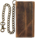F&L CLASSIC RFID Blocking Mens Tri-fold Long Style Cowhide Leather Steel Chain Wallet,buffalo wax vintage leather,212 wax brown W/white stitching by FLCLASSIC