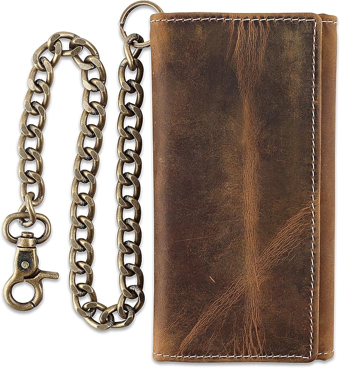 F&L CLASSIC RFID Blocking Mens Tri-fold Long Style Cowhide Leather Steel Chain Wallet,buffalo wax vintage leather,212 wax brown W/white stitching by FLCLASSIC