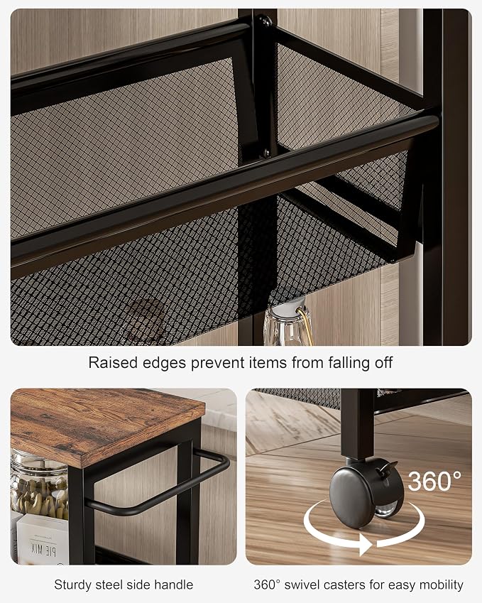 VECELO 4 Tier Slim Rolling Cart Organizer, Rolling Carts On Wheels with Storage, Sturdy Metal Frame Narrow Cart with Handle, Space Saving for Kitchen, Bathroom, Laundry, Rustic Brown - Image 4