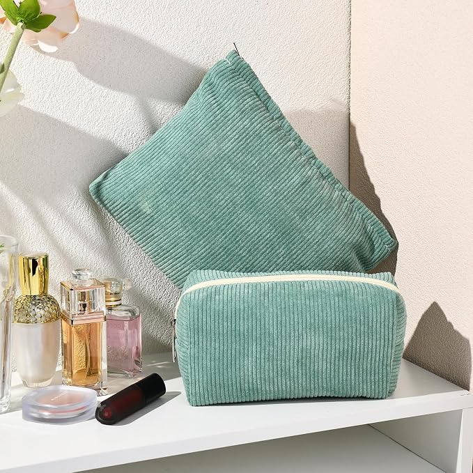 SOIDRAM 2 Pieces Makeup Bag Large Corduroy Cosmetic Bag Capacity Canvas Mix Travel Toiletry Bag Organizer Cute Makeup Brushes Aesthetic Accessories Storage Bag for Women, Corduroy Mix Green - Image 6