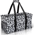 Extra Large Utility Tote Bag - Oversized Collapsible Reusable Wire Frame Rectangular Canvas Basket With Two Exterior Pockets For Beach, Pool, Laundry, Car Trunk, Storage - Damask Black by Lucazzi