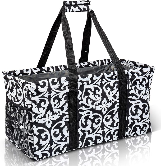 Extra Large Utility Tote Bag - Oversized Collapsible Reusable Wire Frame Rectangular Canvas Basket With Two Exterior Pockets For Beach, Pool, Laundry, Car Trunk, Storage - Damask Black by Lucazzi