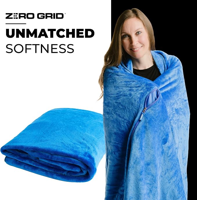 Zero Grid Lightweight Airplane & Travel Blanket with Foot Pockets, Blue | Compact Wearable Blanket with Neck Snaps, Zips & Converts to Soft Pillow for Ultimate Comfort - Image 6