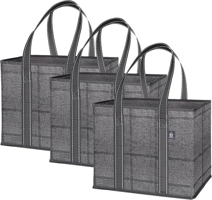 VENO 3 Pack Heavy Duty Reusable Grocery Shopping Bags Utility Tote | Water Resistant, Storage Box with Sturdy Handles & Hard Bottom, Foldable for Groceries Shopping Cart(Windowpane, 6 Gallon) by Veno
