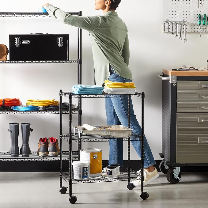 Amazon Basics 3-Shelf Adjustable Heavy Duty Storage Shelving Unit on 2" Wheels, Metal Wire Rack for Garage, Utility Shelving with Leveling Feet, 23.2"L x 13.4"W x 32.75"H, Black - Image 2